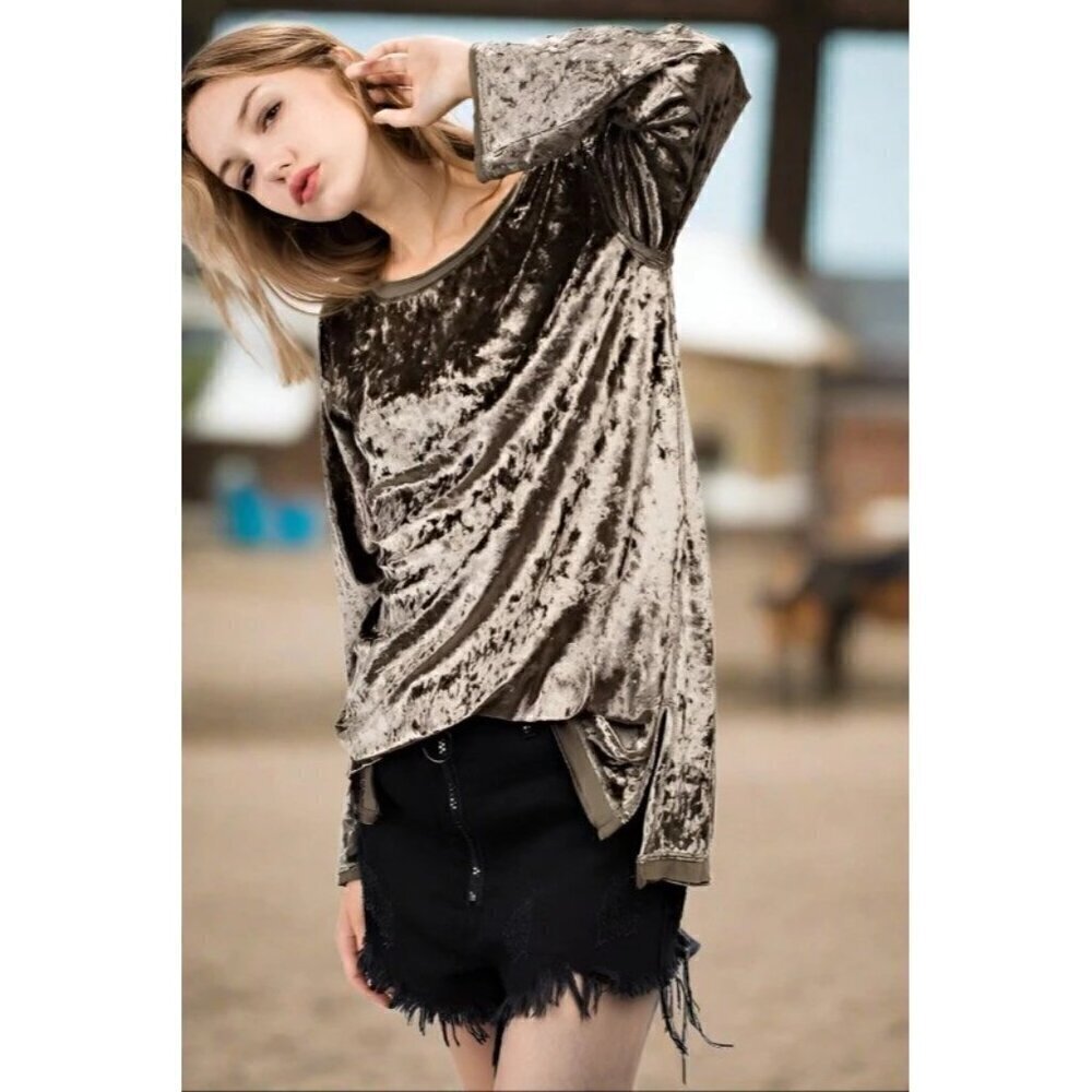 Mittoshop Olive Green Crushed Velvet Long Sleeve Top S